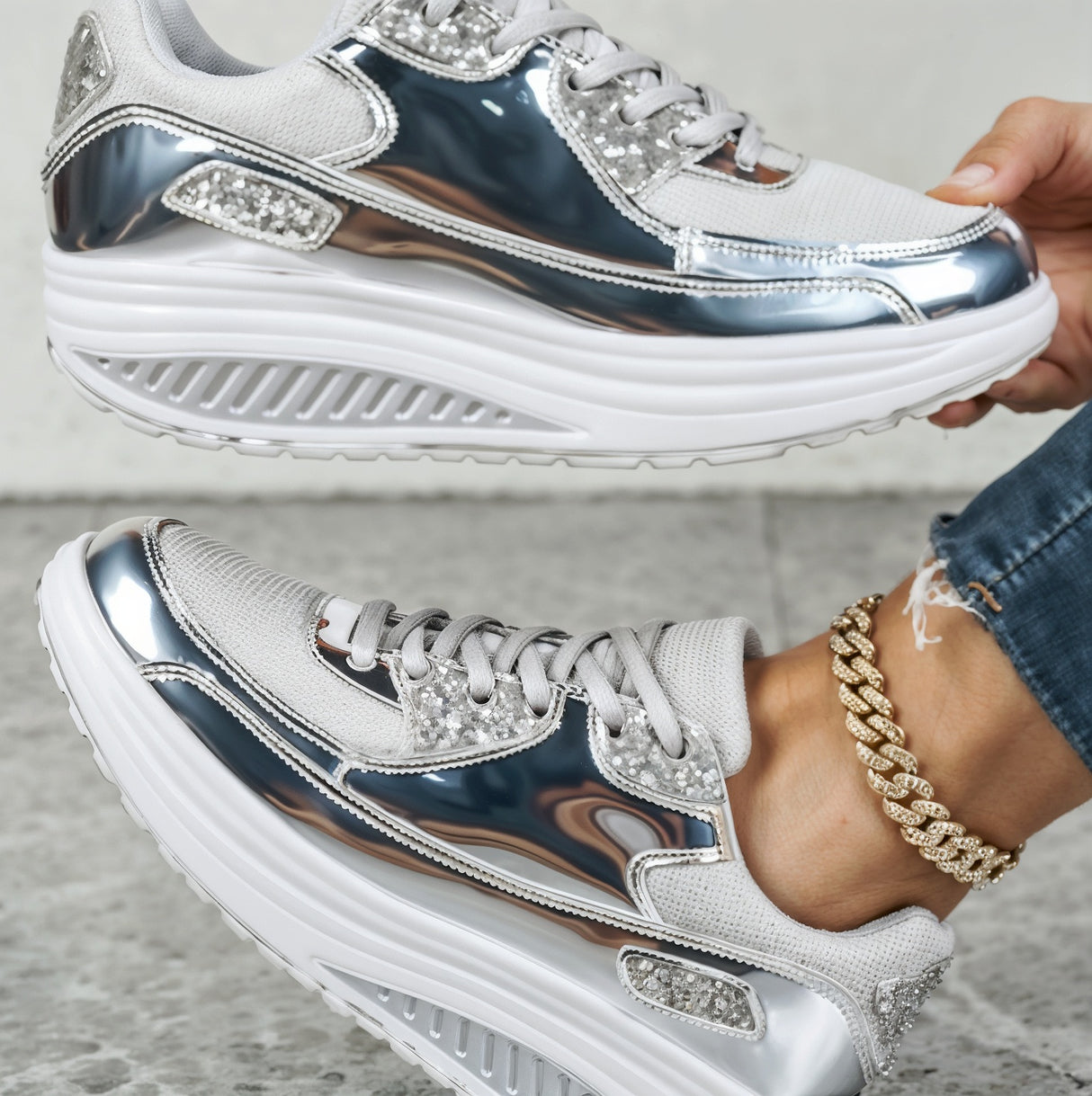 Sarah – Niezwykle Wygodne Ortopedyczne Błyszczące Sneakersy na Platformie dla Kobiet