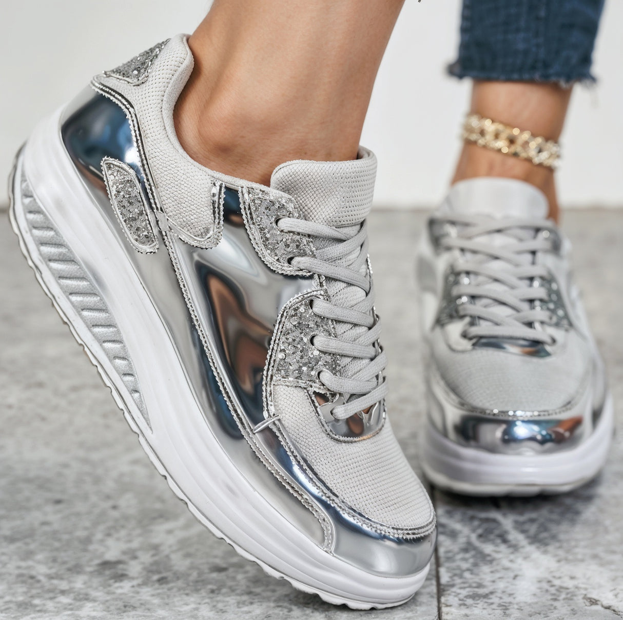 Sarah – Niezwykle Wygodne Ortopedyczne Błyszczące Sneakersy na Platformie dla Kobiet
