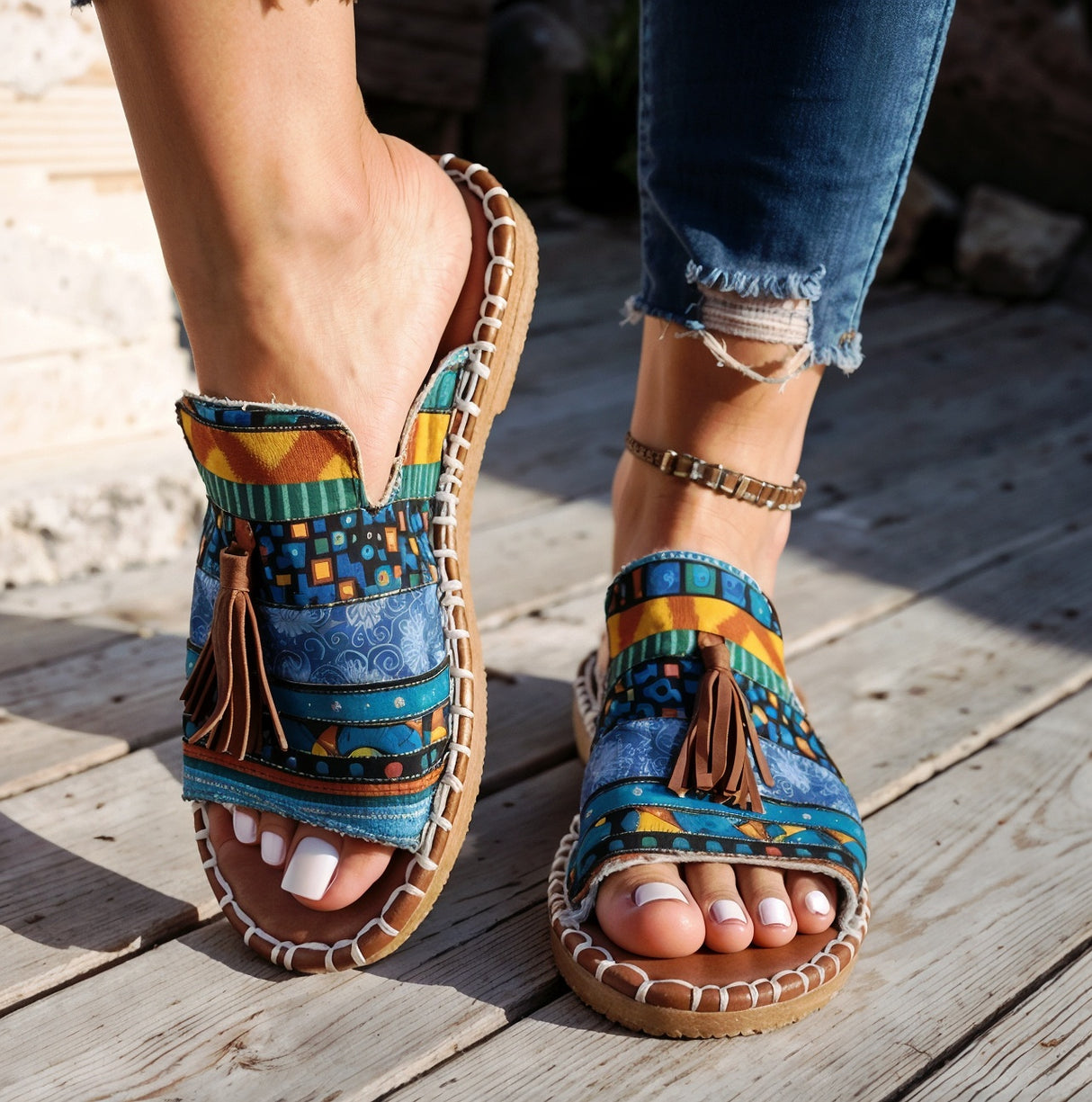 Barbara – Niezwykle Wygodne Ortopedyczne Wsuwane Sandały z Ozdobnym Chwościkiem